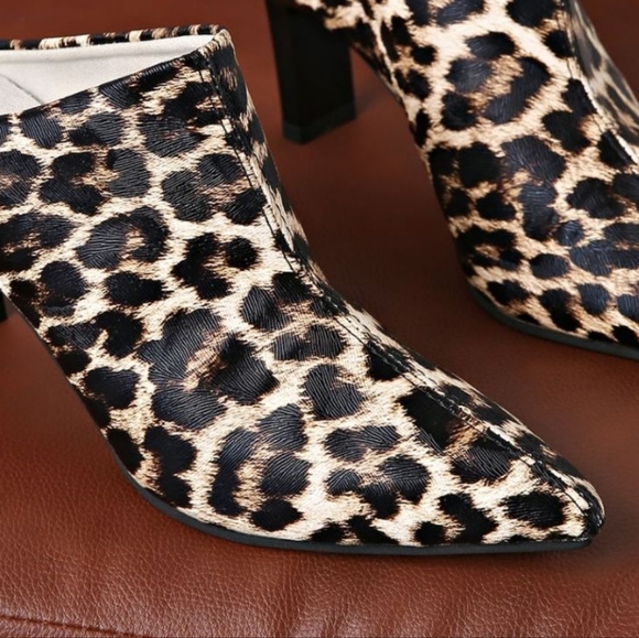 Bold Leopard Slip-On Clog Mule Pointed Toe Heeled Boot Vegan Leather Shoes Brown - Picture 8 of 13